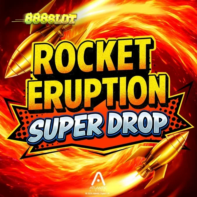 Tampilan visual slot Rocket Eruption Super Drop dengan tema gunung berapi dan dinosaurus.